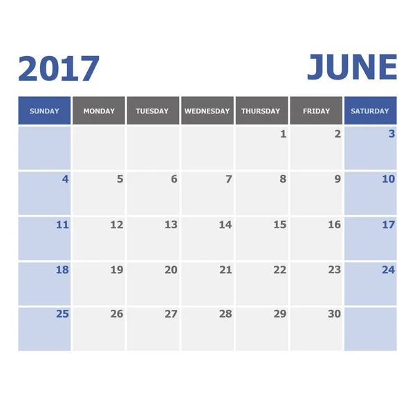 2017 Junho semana de calendário começa no domingo — Vetor de Stock