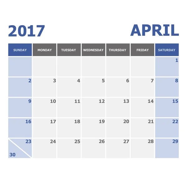 2017 Апрель календарная неделя начинается в воскресенье — стоковый вектор