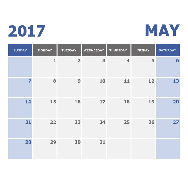 Майская календарная неделя 2017 года начинается в воскресенье — стоковый вектор