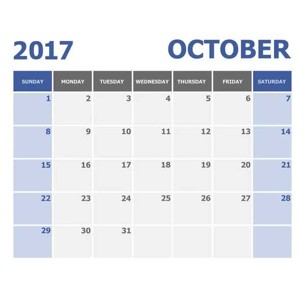 2017 Octubre calendario semana comienza el domingo — Archivo Imágenes Vectoriales