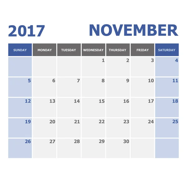 Tydzień kalendarzowy listopada 2017 r. rozpoczyna się w niedzielę — Wektor stockowy