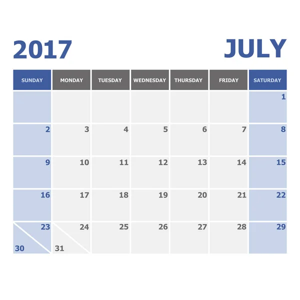 2017 Julho semana de calendário começa no domingo — Vetor de Stock