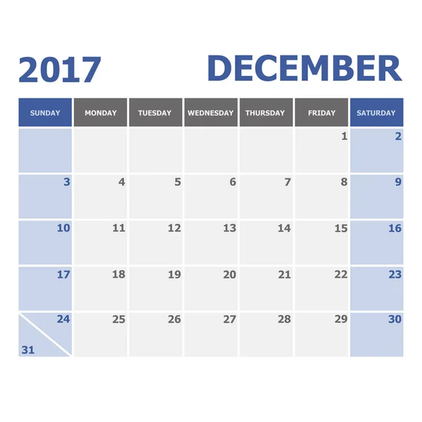 2017 Dezembro semana de calendário começa no domingo — Vetor de Stock