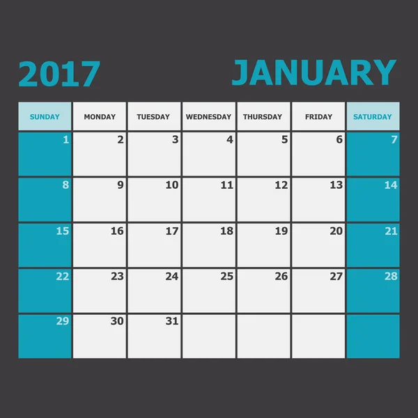 Januari 2017 kalender veckan börjar på söndag — Stock vektor