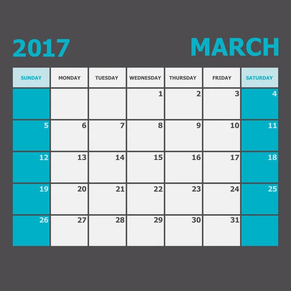 Март 2017 календарная неделя начинается в воскресенье — стоковый вектор