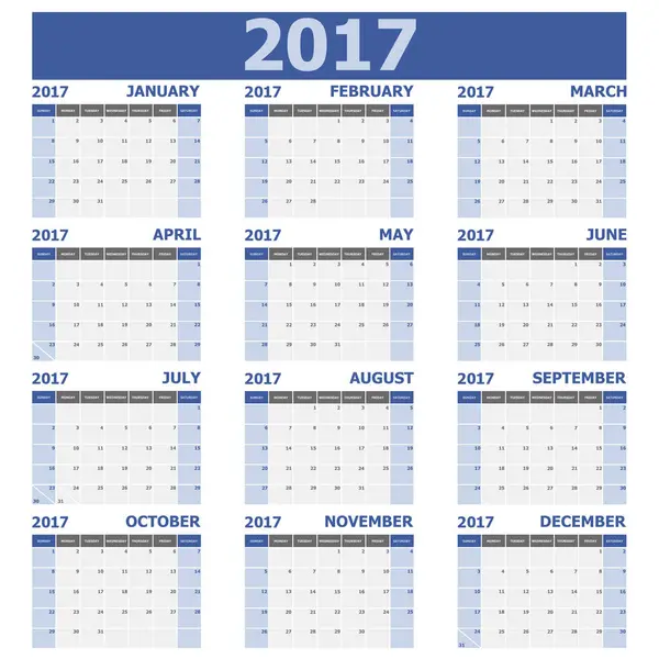 2017 semana de calendário começa no domingo (12 meses definido ) — Vetor de Stock