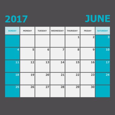 Haziran 2017 takvim haftası Pazar günü başlar