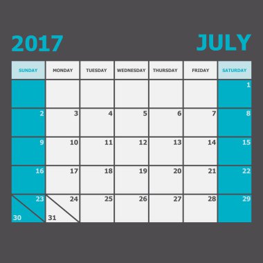 Temmuz 2017 takvim haftası Pazar günü başlar