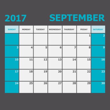Eylül 2017 takvim haftası Pazar günü başlar