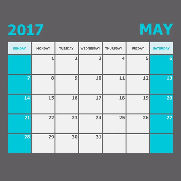 Maio 2017 semana de calendário começa no domingo — Vetor de Stock