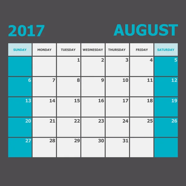 Agosto 2017 semana de calendário começa no domingo — Vetor de Stock