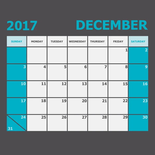 Декабрь 2017 календарная неделя начинается в воскресенье — стоковый вектор