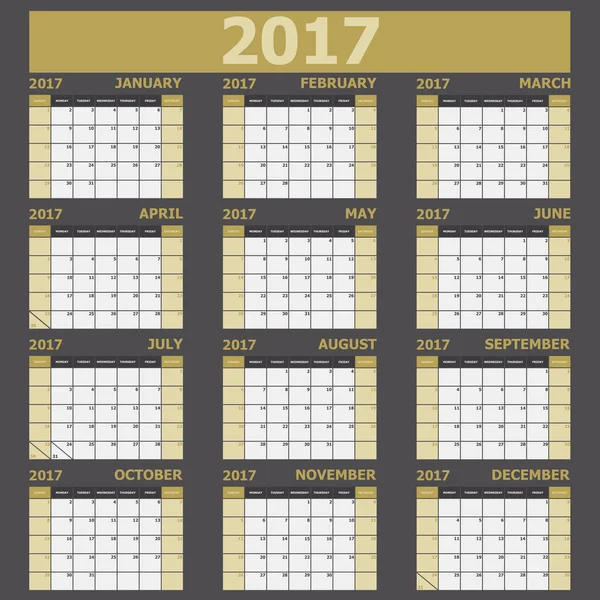 2017 kalendarza tydzień rozpoczyna się w niedzielę (żółty odcień) — Wektor stockowy