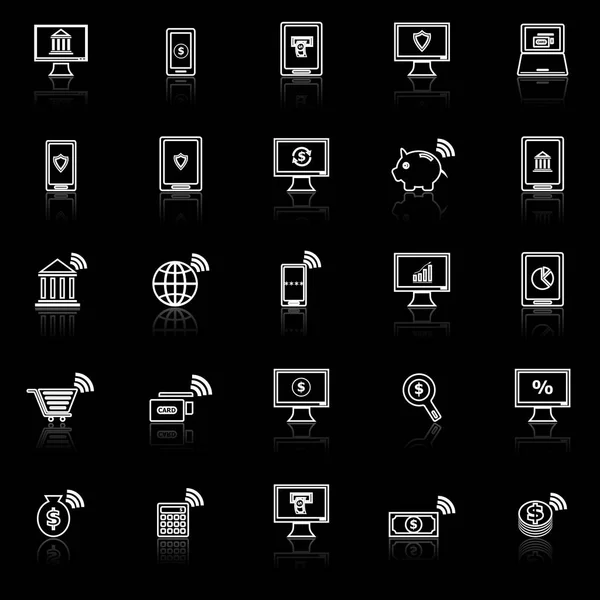 Iconos de línea de banca en línea con reflexionar sobre fondo negro — Vector de stock