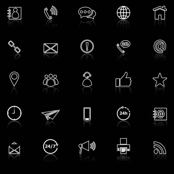 Contáctenos iconos de línea con reflexionar sobre el fondo negro — Vector de stock