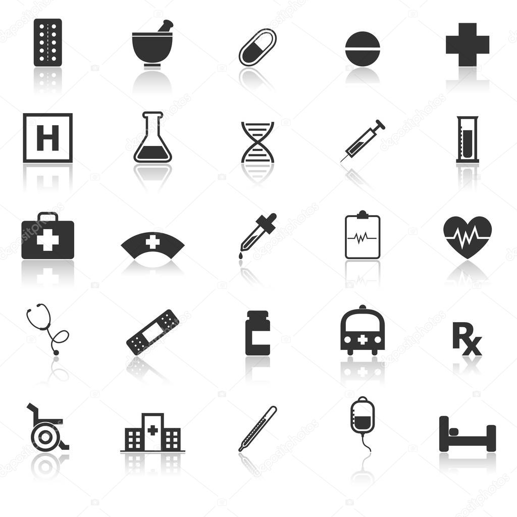 Pharmacy icons with reflect on white background
