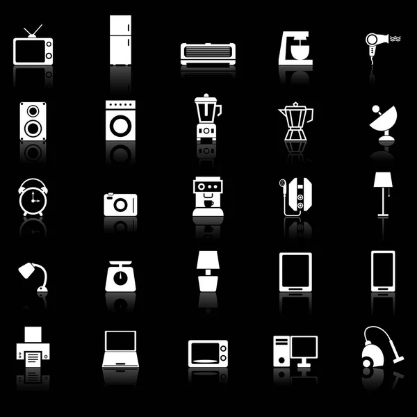 Icônes de ménage avec réflexion sur fond noir — Image vectorielle