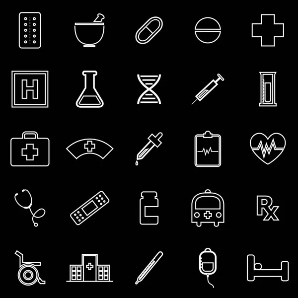 Iconos de línea de farmacia sobre fondo negro — Vector de stock