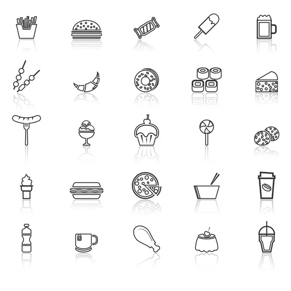 Fast food line icons with reflect on white background — Stock Vector