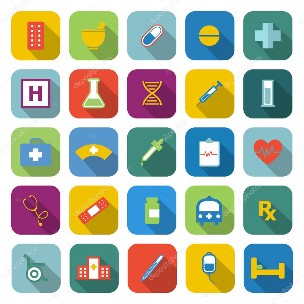 Pharmacy color icons with long shadow