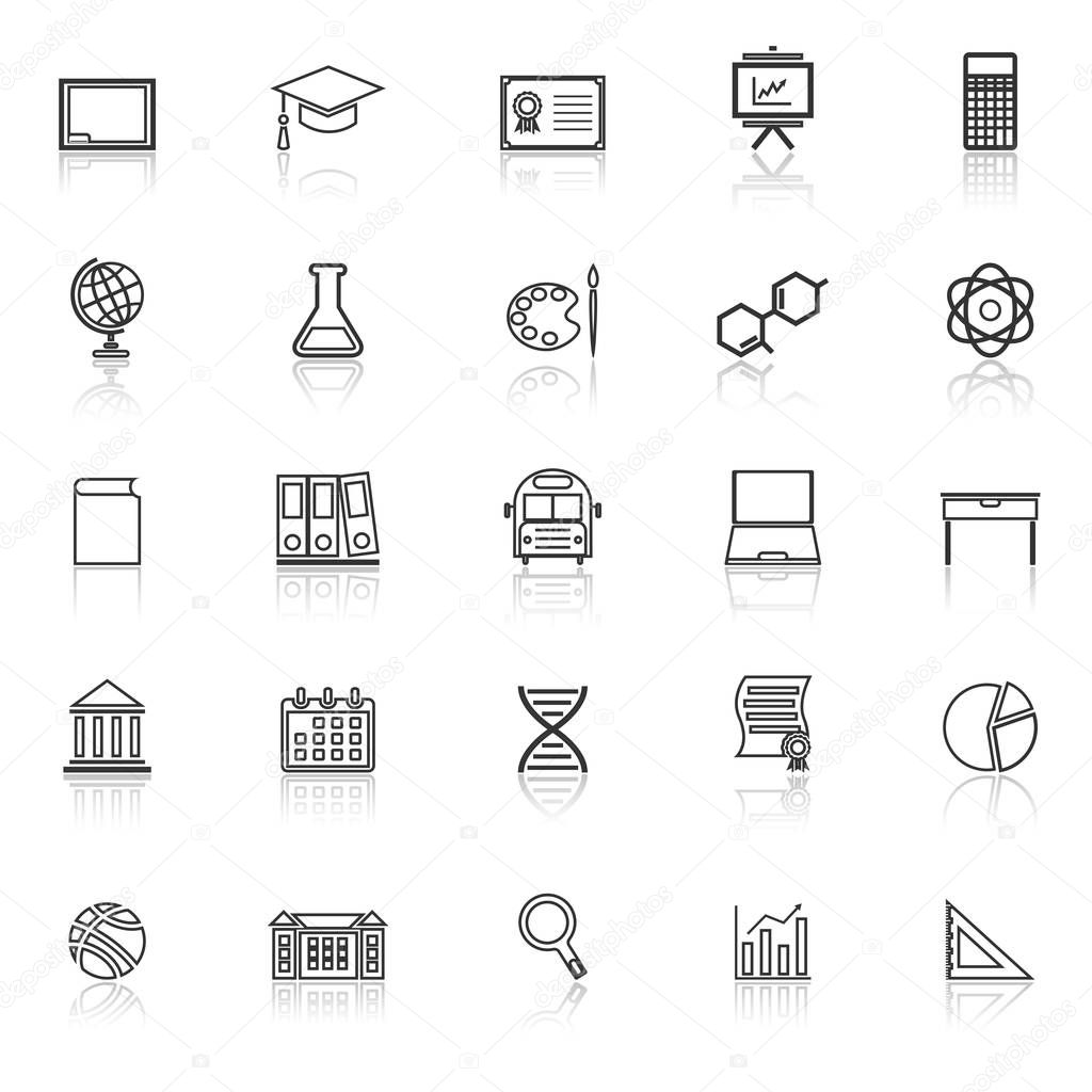 Education line icons with reflect on white background
