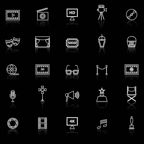 Movie line icons with reflect on black background — Stock Vector