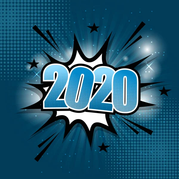 2020 Comictext-Sprechblase auf blauem Hintergrund — Stockvektor