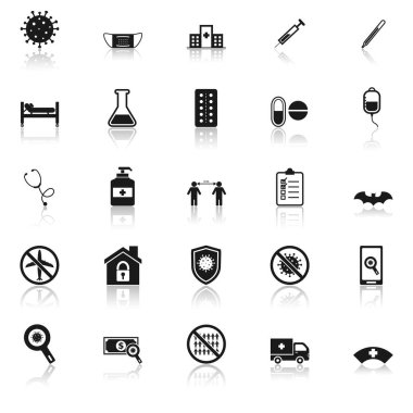 Beyaz arkaplan ve hisse senedi vektörüne yansıyan koronavirüs simgeleri