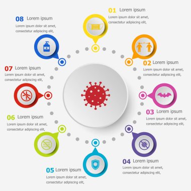 Koronavirüs simgeleri ve stok vektörü içeren bilgi şablonu