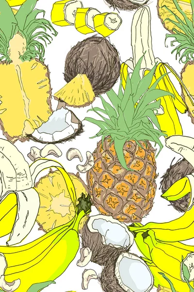 Modèle sans couture de morceaux entiers et de noix de coco, ananas, banane — Image vectorielle