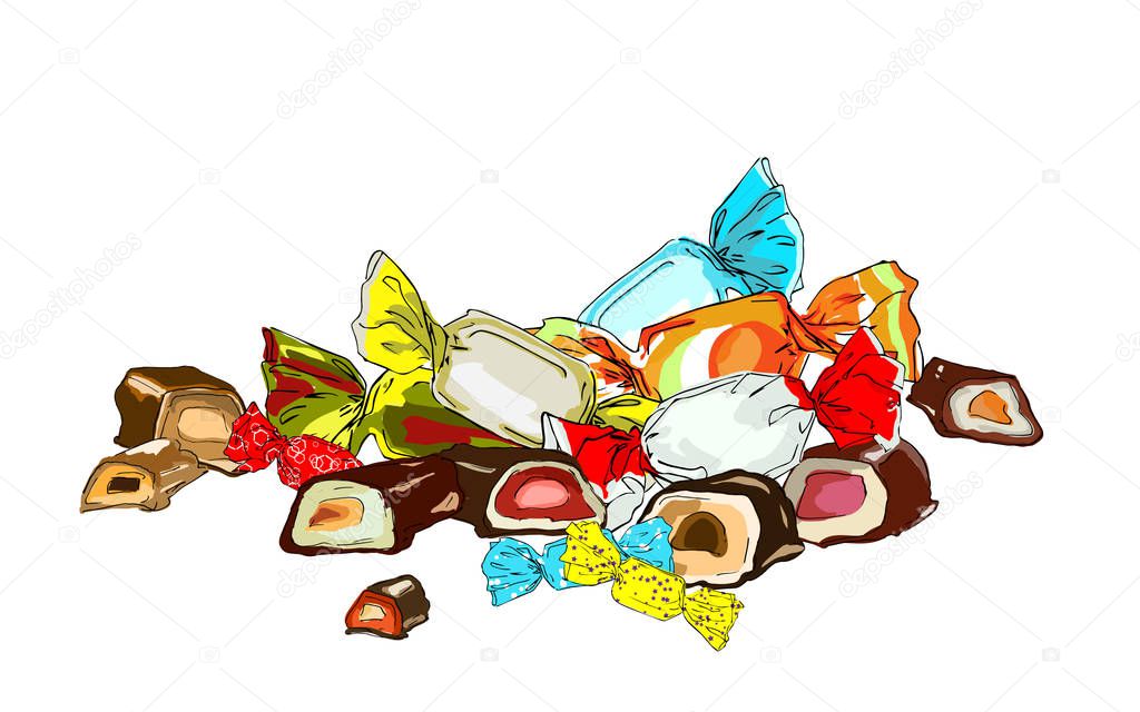 Composition of sweets in wraps and halves of sweets