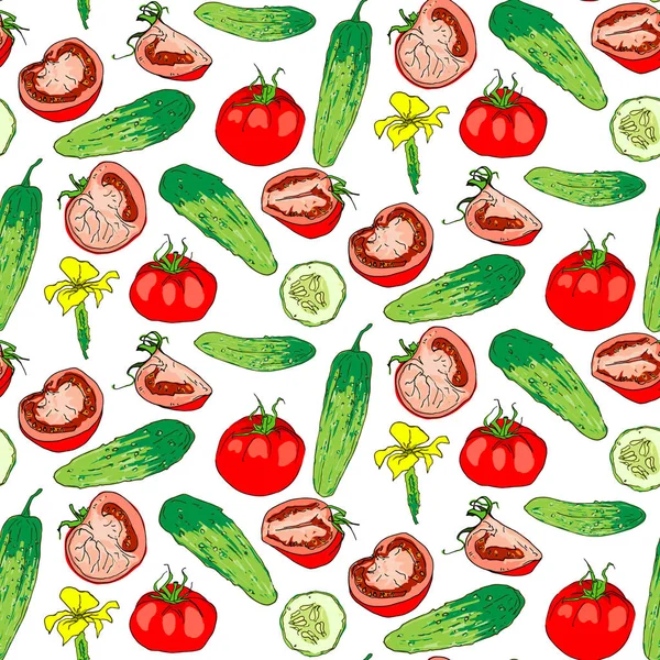 Nahtloses Muster aus hellen Gurken und Tomaten, ganz und in Stücken — Stockvektor