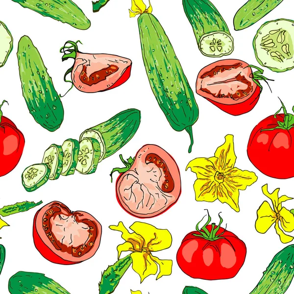 Nahtloses Muster farbiger Tomaten und Gurken — Stockvektor