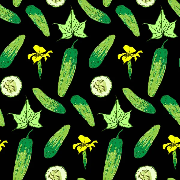 Modèle sans couture de concombre brillant entier et morceaux — Image vectorielle