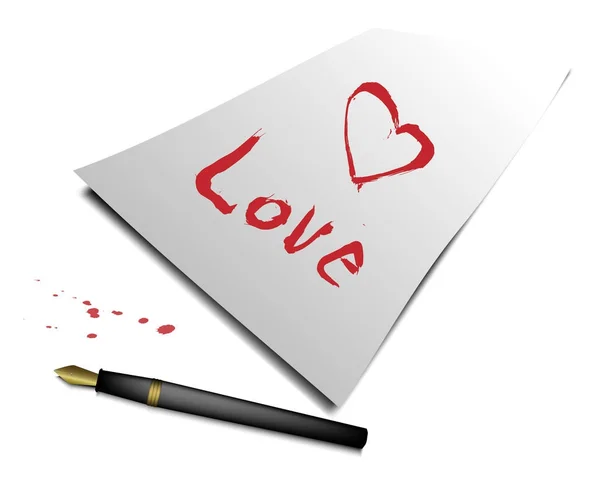 Letters and hearts are drawn on paper and a pen with ink — Stock Vector