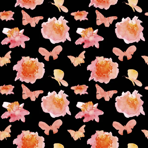 Nahtloses Muster mit Blumen und Schmetterlingen — Stockfoto