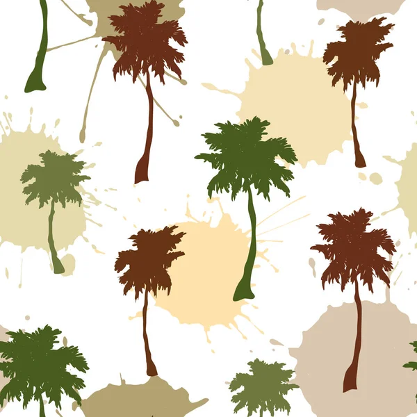 Nahtloser Hintergrund mit tropischen Palmen und Tintenflecken — Stockvektor
