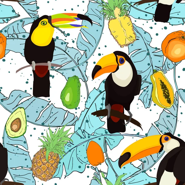 Modèle sans couture avec oiseau toucan, feuilles — Image vectorielle