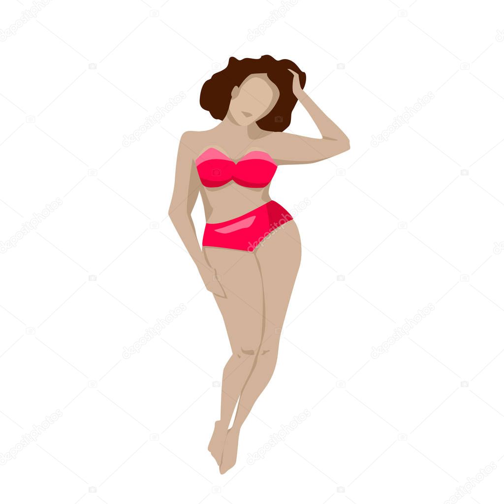 Beautiful brunette woman in red swimsuit isolated on white background. Cartoon female character for use in design. Vector illustration