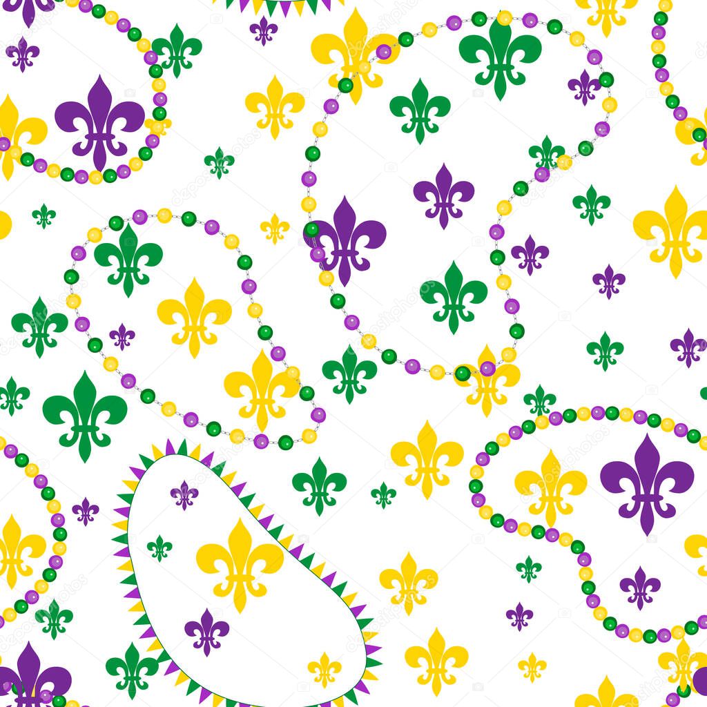 Seamless pattern beautiful yellow, green, purple beads, Fleur-de-Lis lily symbol on white background. Venetian carnival Mardi Gras party. Great for horizontal posters, header for website. Vector