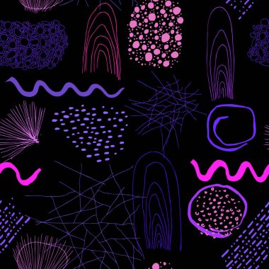 Kusursuz desenli el mor parlak soyut lekeler çizmiş. Siyah üzerine pembe mürekkep renkleri. Renkli mürekkep soyut dokuları koleksiyonu. Tekstil kompozisyonu, el yapımı baskı. Vektör