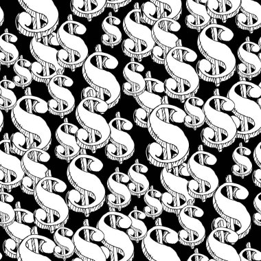 Elin kusursuz deseni siyah ve beyaz dolar sembolleri izole edilmiş. Şablon reklam, poster, afiş, kapak, tekstil, kumaş, duvar kâğıdı, Usd paranızın ambalajı için kullanılabilir. Vektör