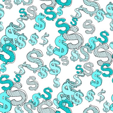 Beyaz arka planda izole edilmiş kusursuz el çizimi renkli dolar sembolleri. Şablon reklam, poster, afiş, kapak, tekstil, kumaş, duvar kâğıdı, Usd paranızın ambalajı için kullanılabilir. Vektör