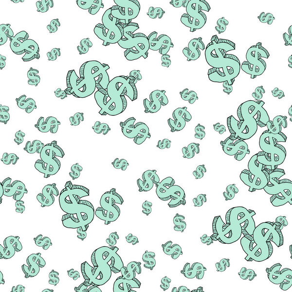 Seamless pattern of hand drawn colorful dollar symbols isolated on white background. Template can be used for your ad, poster, banner, cover, textile, fabric, wallpaper, wrapping of USD money. Vector