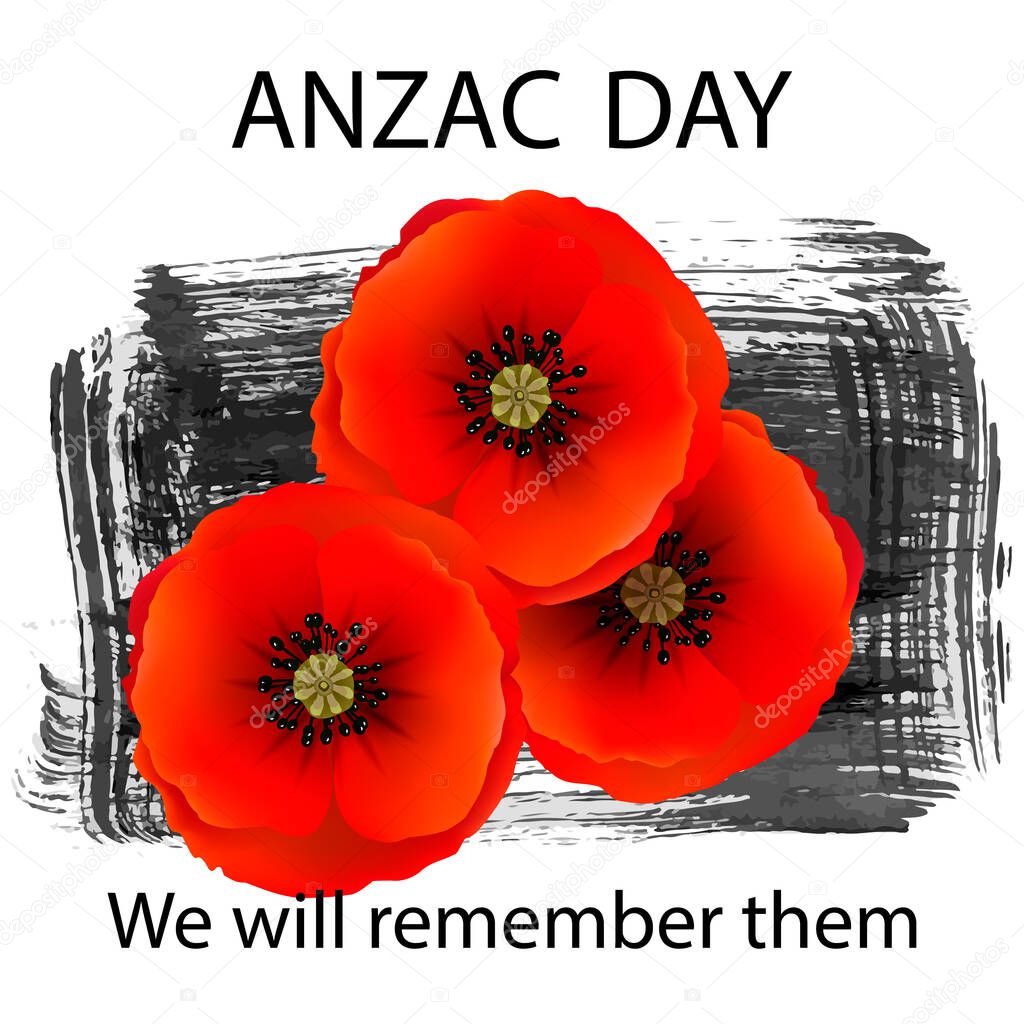 Anzac day background with red abstract poppies. Red poppies on a background of  hand drawn ink grunge strokes. Remembrance Day vector illustration. Design element for poster, banner, web design