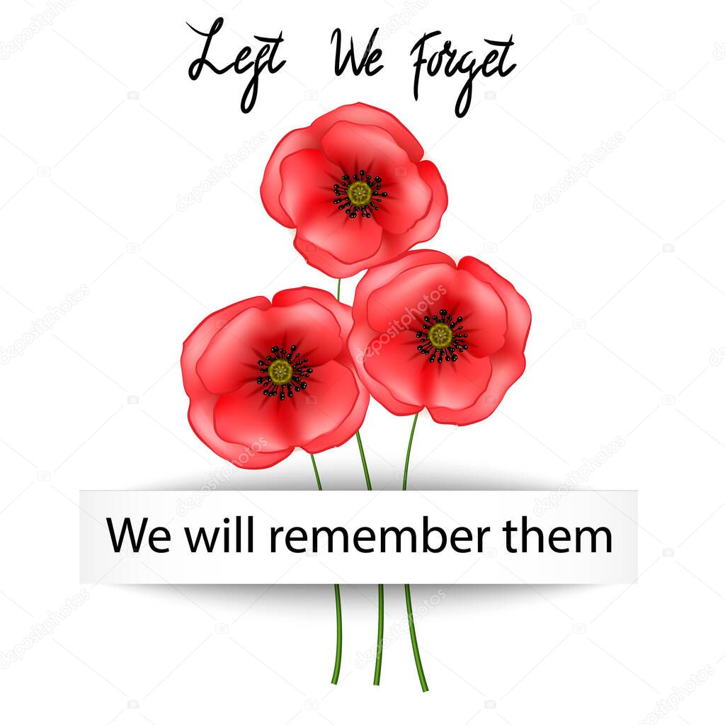 Anzac day background with red abstract poppies. Red poppies Isolated on white background. Remembrance Day vector illustration. Design element for poster, banner, web design