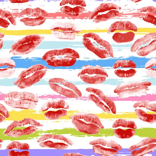 化妆品和化妆品无缝图案 美丽的红色嘴唇在彩虹色的条纹上印着 完美的纺织品 网页背景 包装材料 — 图库矢量图片