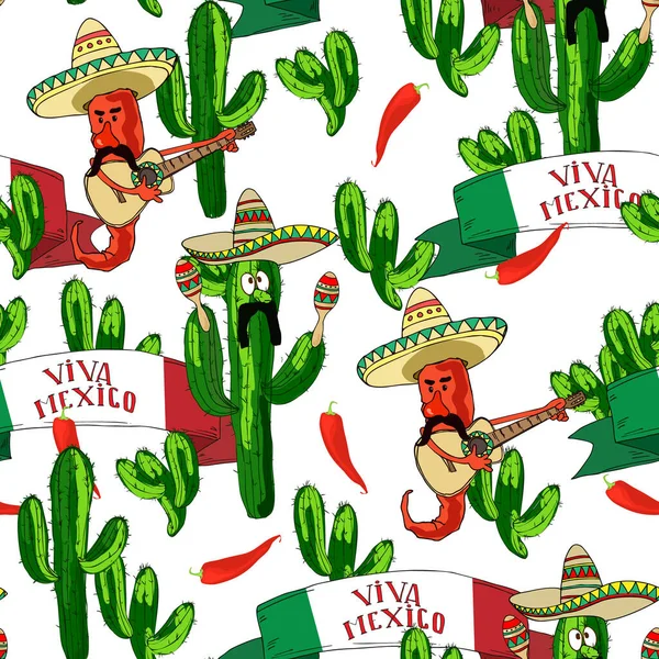 伝統的なメキシコのマラカスやギターで演奏する面白いピーマンとサボテンとシームレスなパターンは白で隔離されています シンコ 5月5日 メキシコの連邦休日 ベクターイラスト — ストックベクタ