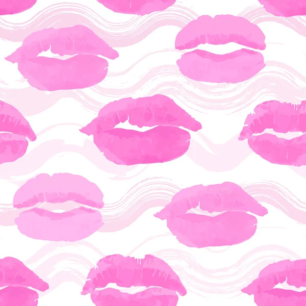 化妆品和化妆品无缝图案 美丽的唇印在白色背景上的粉红色条纹上 完美的纺织品 网页背景 包装材料 — 图库矢量图片