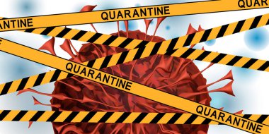 Üzerinde karantina yazılı sarı bant olan Coronavirus. Koronavirüs salgınında küresel karantina. Karantina dünyası salgını, salgın hastalık riski, karantina virüsü. Vektör